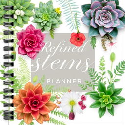 A stylish and elegant cover for a plant planner titled 'Refined Stems Planner'