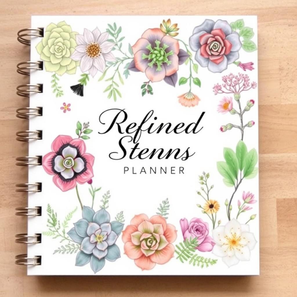 A stylish and elegant cover for a plant planner titled 'Refined Stems Planner'