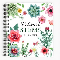 A stylish and elegant cover for a plant planner titled 'Refined Stems Planner'