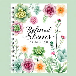 A stylish and elegant cover for a plant planner titled 'Refined Stems Planner'