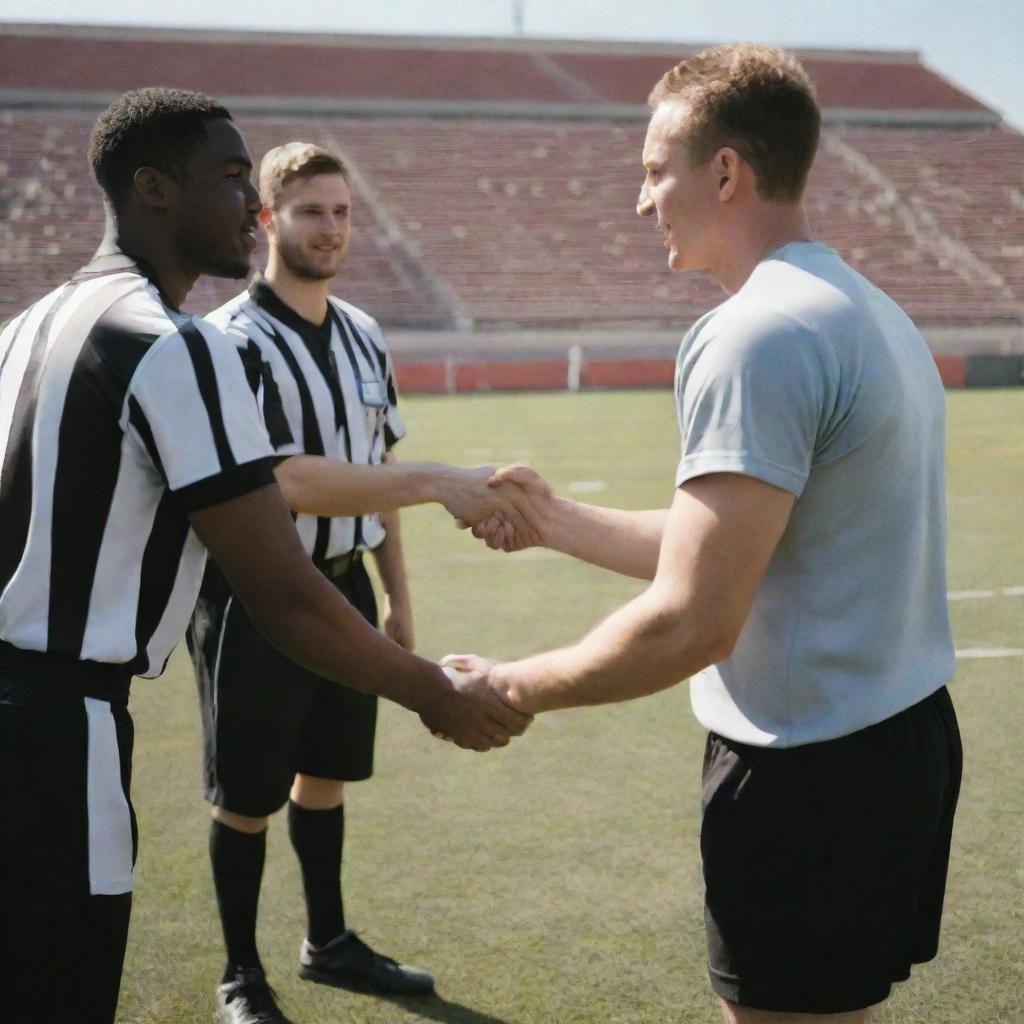 A peaceful scene of football players shaking hands and engaging in friendly conversation with referees on a sunny football field.