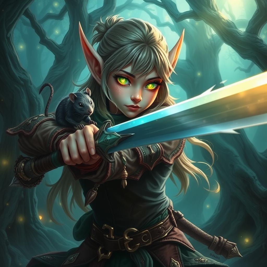 A half-elf with glowing eyes filled with arcane magic, swinging a sword with a rat familiar perched on her shoulder