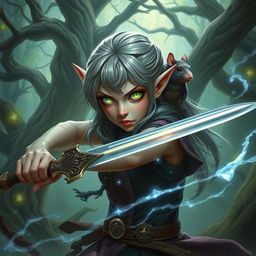 A half-elf with glowing eyes filled with arcane magic, swinging a sword with a rat familiar perched on her shoulder