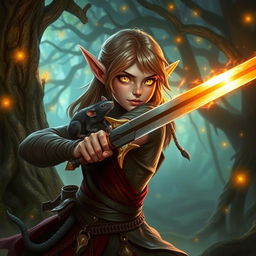 A half-elf with glowing eyes filled with arcane magic, swinging a sword with a rat familiar perched on her shoulder