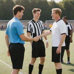 A peaceful scene of football players shaking hands and engaging in friendly conversation with referees on a sunny football field.