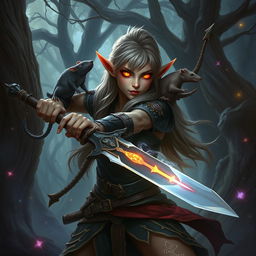 A half-elf with glowing eyes filled with arcane magic, swinging a sword with a rat familiar perched on her shoulder