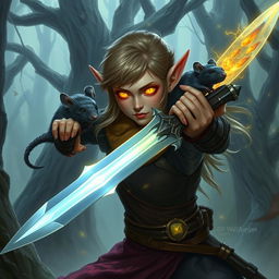 A half-elf with glowing eyes filled with arcane magic, swinging a sword with a rat familiar perched on her shoulder