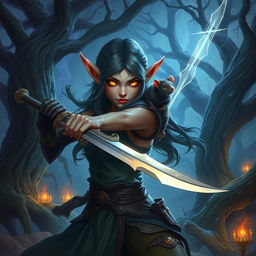 A half-elf with glowing eyes filled with arcane magic, swinging a sword with a rat familiar perched on her shoulder