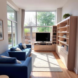 Decorate a narrow living room with a large window leading to a patio