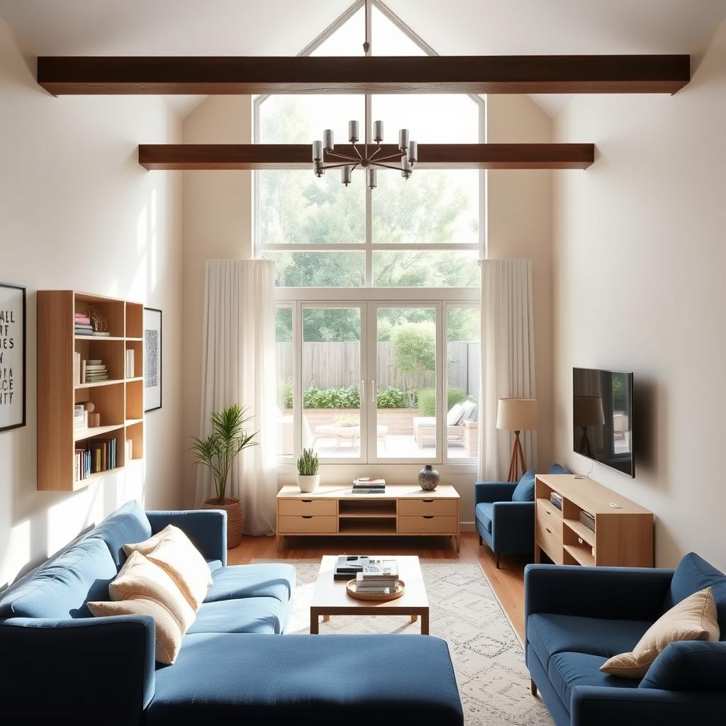 Decorate a narrow living room with a large window leading to a patio