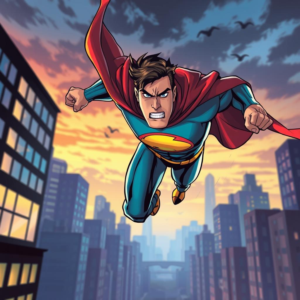 A dynamic superhero in action, flying through the city with a determined expression