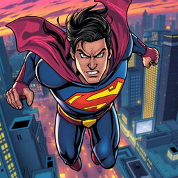 A dynamic superhero in action, flying through the city with a determined expression