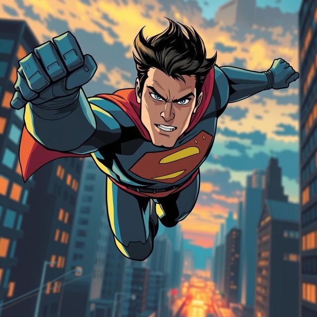 A dynamic superhero in action, flying through the city with a determined expression