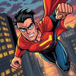 A dynamic superhero in action, flying through the city with a determined expression