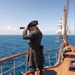 A pirate standing on the deck of a ship, looking out to sea with a spyglass