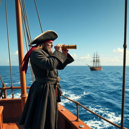 A pirate standing on the deck of a ship, looking out to sea with a spyglass