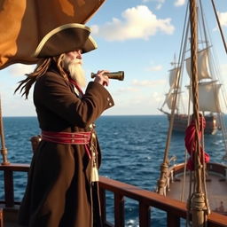 A pirate standing on the deck of a ship, looking out to sea with a spyglass