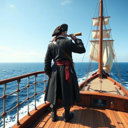 A pirate standing on the deck of a ship, looking out to sea with a spyglass