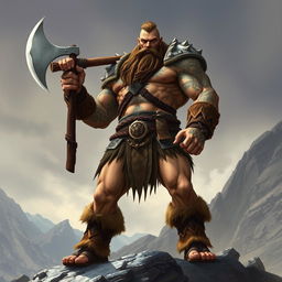 A towering Goliath barbarian, following the path of the giant, stands proudly with a massive axe