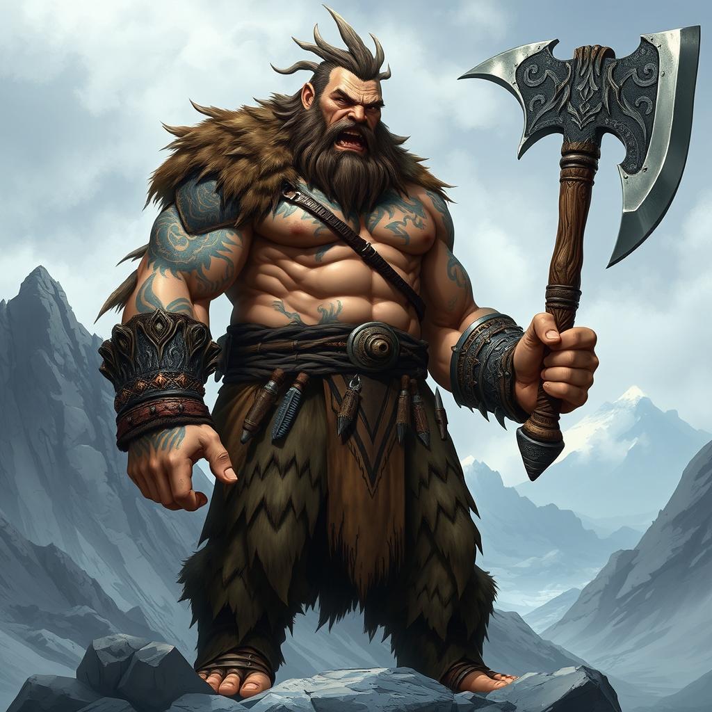 A towering Goliath barbarian, following the path of the giant, stands proudly with a massive axe