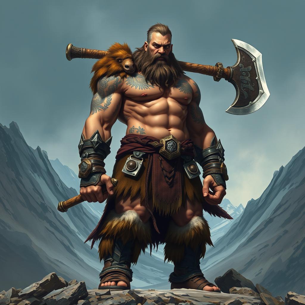 A towering Goliath barbarian, following the path of the giant, stands proudly with a massive axe