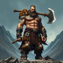 A towering Goliath barbarian, following the path of the giant, stands proudly with a massive axe