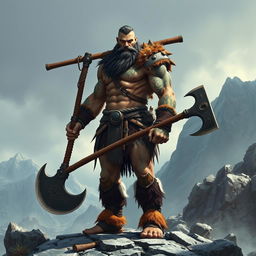 A towering Goliath barbarian, following the path of the giant, stands proudly with a massive axe