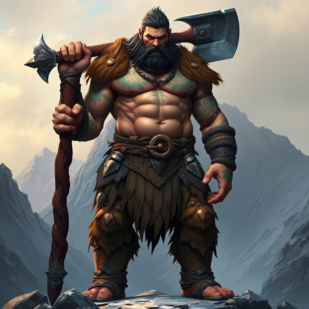 A towering Goliath barbarian, following the path of the giant, stands proudly with a massive axe