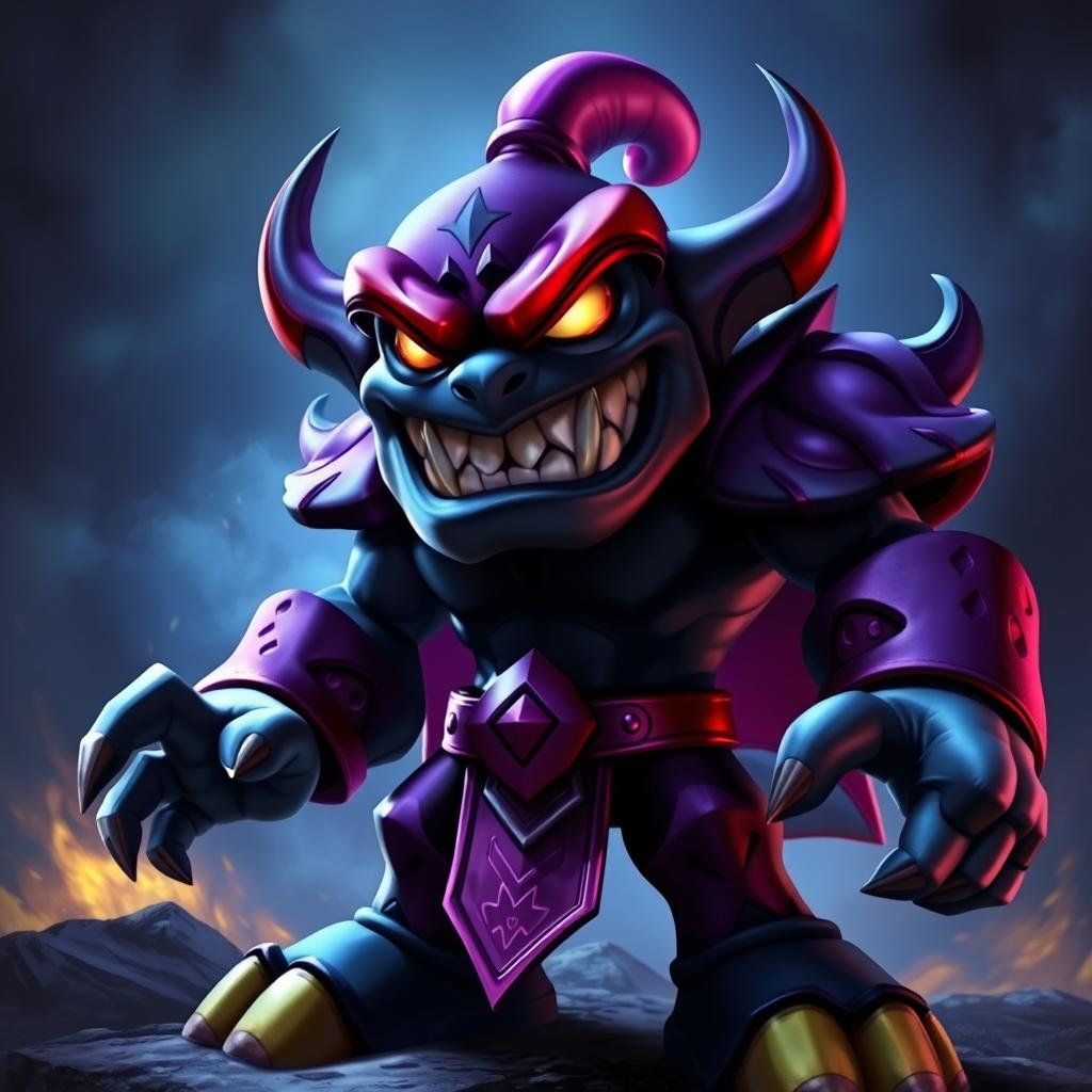 A detailed and vibrant image of Kaos, the main antagonist from the Skylanders series, standing in a dramatic pose with a dark, mystical background