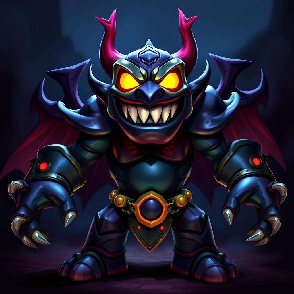 A detailed and vibrant image of Kaos, the main antagonist from the Skylanders series, standing in a dramatic pose with a dark, mystical background