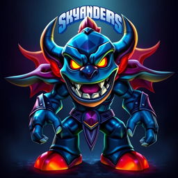 A detailed and vibrant image of Kaos, the main antagonist from the Skylanders series, standing in a dramatic pose with a dark, mystical background