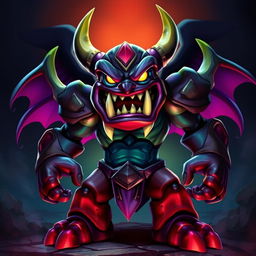 A detailed and vibrant image of Kaos, the main antagonist from the Skylanders series, standing in a dramatic pose with a dark, mystical background