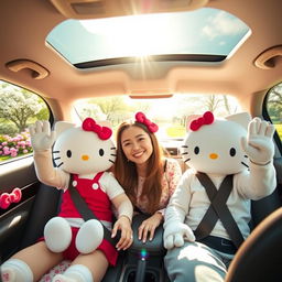 A delightful scene featuring Hello Kitty and two Hello Kitty versions of a couple sitting in a car