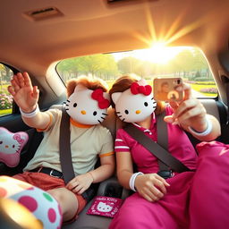 A delightful scene featuring Hello Kitty and two Hello Kitty versions of a couple sitting in a car