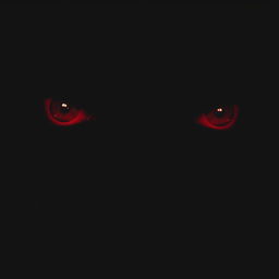 A close-up image of a pair of intense, glowing red eyes in a dark background