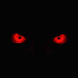 A close-up image of a pair of intense, glowing red eyes in a dark background