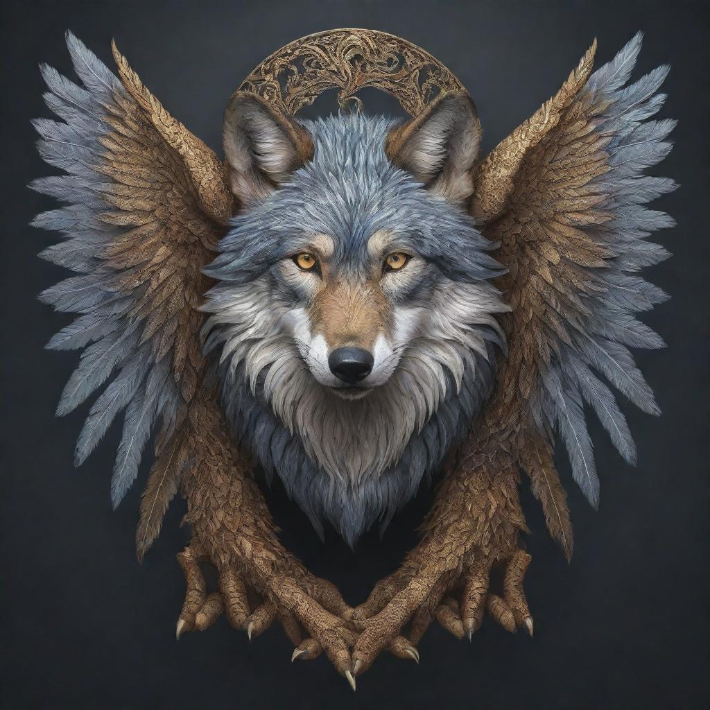 A spellbinding illustration of a majestic wolf enhanced with intricate dragon wings, a fusion of the wild and the mythical.