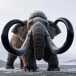 Create an image of a large mammoth with imposing black adamant tusks