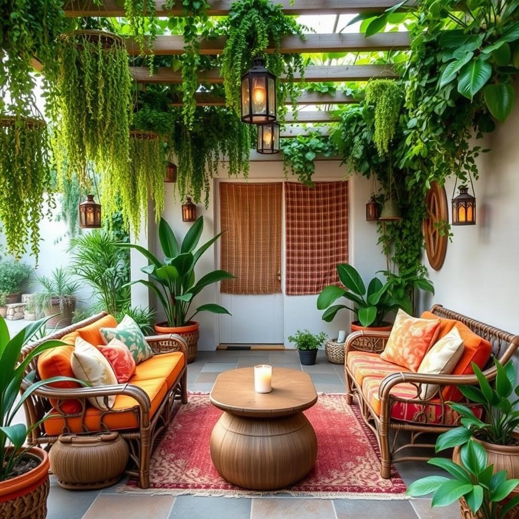 A beautiful boho-style patio with cozy seating, vibrant cushions, and lush greenery