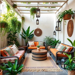 A beautiful boho-style patio with cozy seating, vibrant cushions, and lush greenery