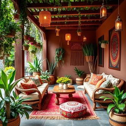 A beautiful boho-style patio with cozy seating, vibrant cushions, and lush greenery