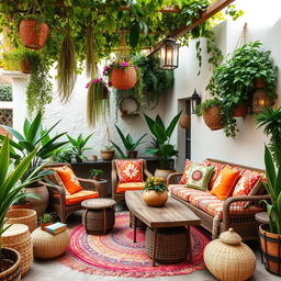 A beautiful boho-style patio with cozy seating, vibrant cushions, and lush greenery