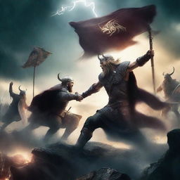 A dramatic scene of Vikings in a fierce battle against demons in the midst of a raging storm