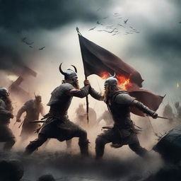 A dramatic scene of Vikings in a fierce battle against demons in the midst of a raging storm