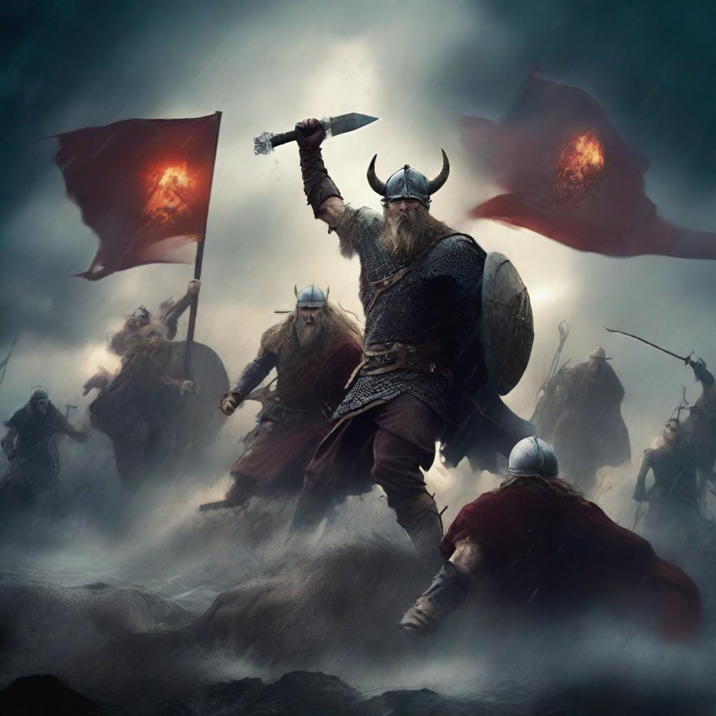 A dramatic scene of Vikings in a fierce battle against demons in the midst of a raging storm