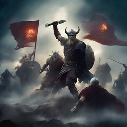 A dramatic scene of Vikings in a fierce battle against demons in the midst of a raging storm