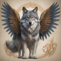 A spellbinding illustration of a majestic wolf enhanced with intricate dragon wings, a fusion of the wild and the mythical.