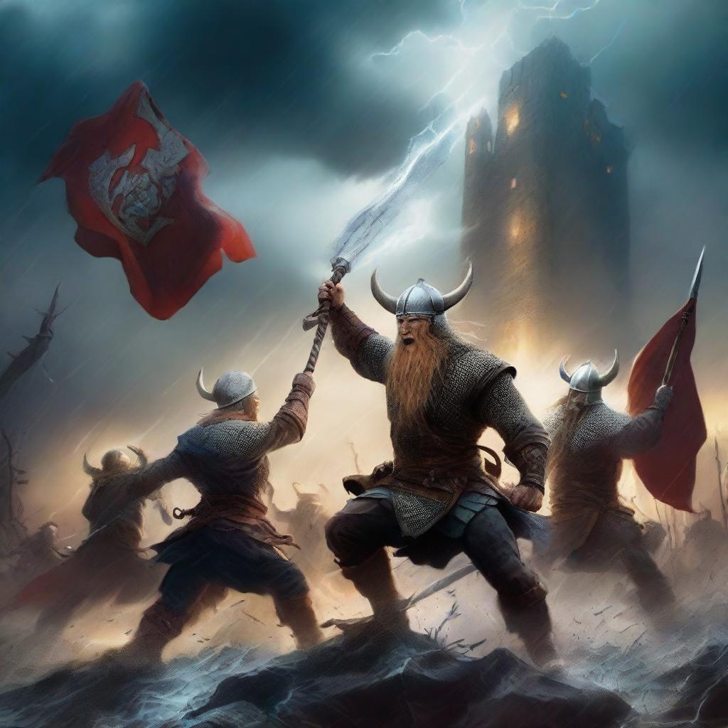 A dramatic scene where Vikings are in a fierce battle against gods and demons amidst a raging storm