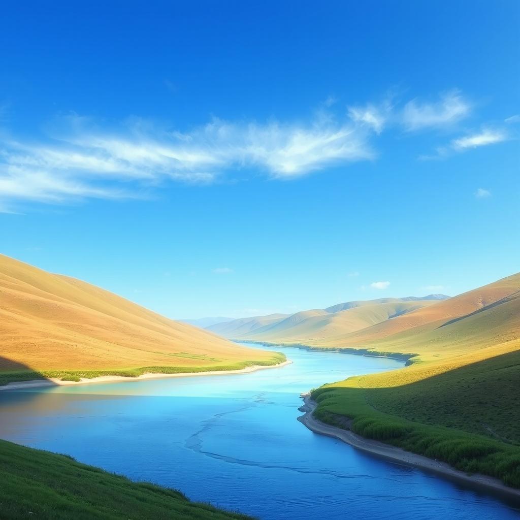 Create an image that evokes a sense of calm and serenity, featuring a picturesque landscape with a clear blue sky, gentle rolling hills, and a peaceful river flowing through