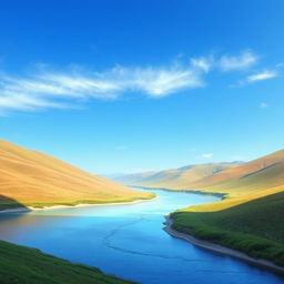 Create an image that evokes a sense of calm and serenity, featuring a picturesque landscape with a clear blue sky, gentle rolling hills, and a peaceful river flowing through